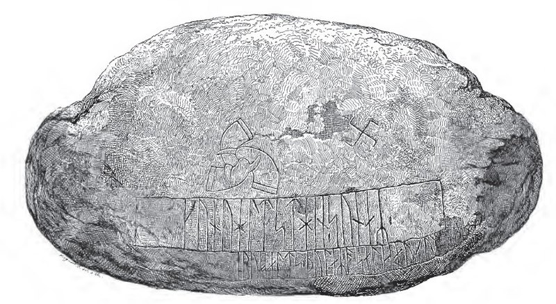 Zeichnung des Snoldelev-Steins mit Runen, Trinkhorn-Triskele und Fylfot