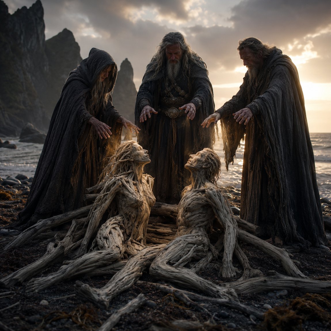 Ask und Embla, das erste Menschenpaar am Meeresufer