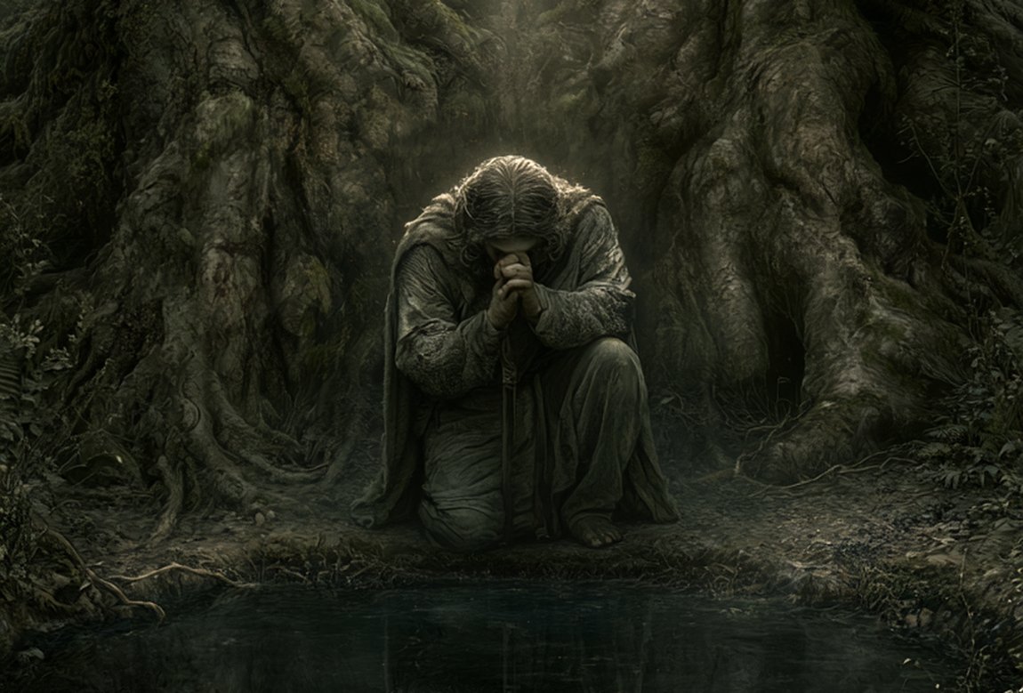 Gestalt kniet an einer dunklen Quelle unter gewaltigen Baumwurzeln – die Brunnen unter Yggdrasil