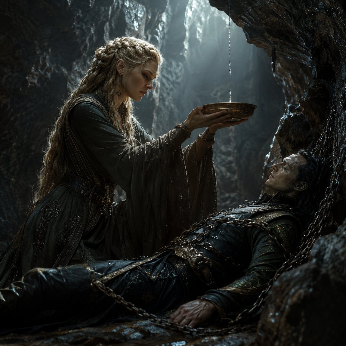 Sigyn hält die Schale über dem gefesselten Loki