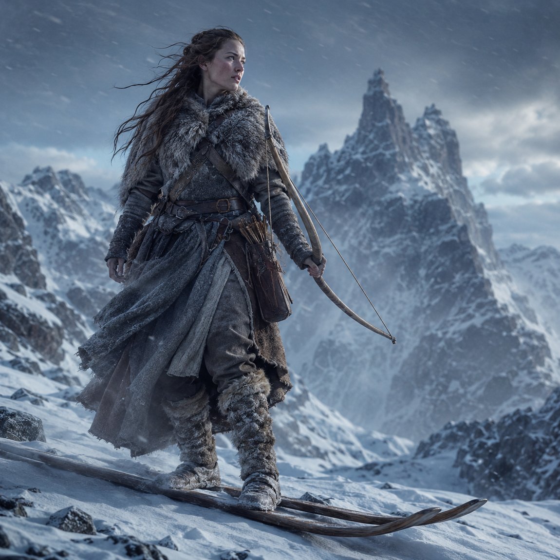 Skadi, Göttin der Jagd und des Winters, auf Skiern mit Bogen