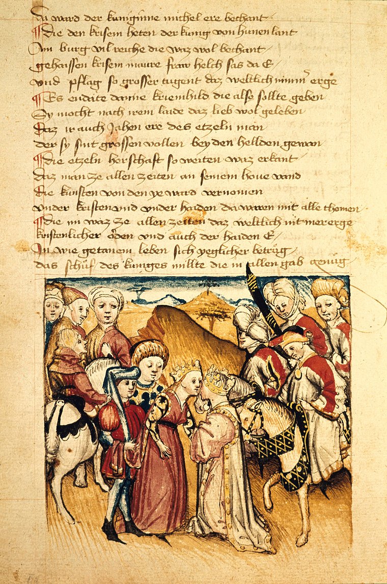 Kriemhild wird von König Etzel (Atli/Attila) empfangen – Nibelungenlied-Handschrift