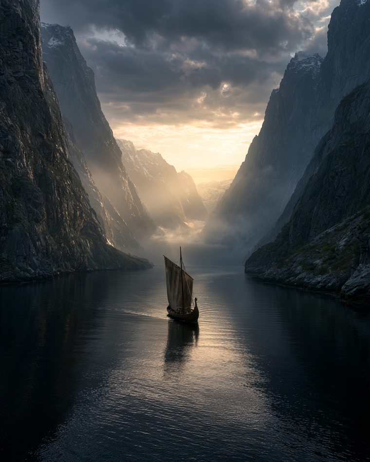 Langschiff im Fjord bei Sonnenlicht