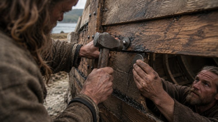 Wikinger vernieten Planken in Klinkerbauweise