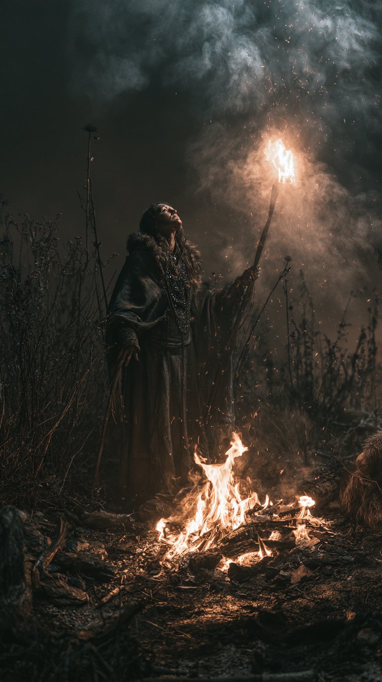 Eine Völva, die Seherin mit dem Stab, beim Seidr-Ritual