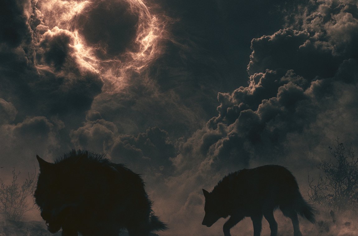 Zwei Wölfe unter brennendem Himmel – Sköll und Hati, die Jäger von Sonne und Mond