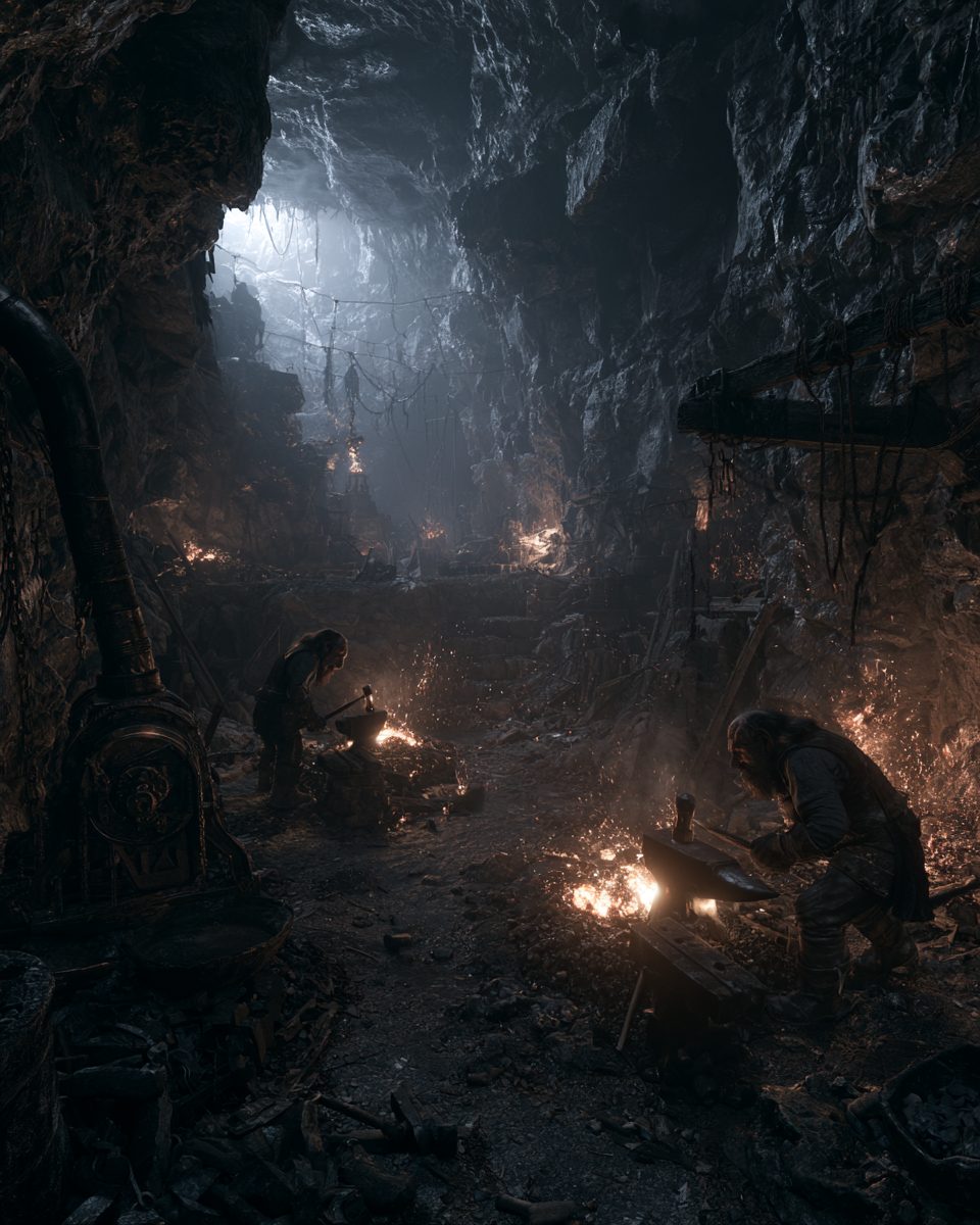 Zwerge schmieden in glühender Esse den Hammer Mjölnir