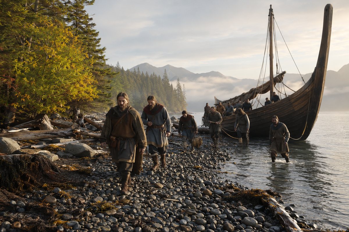 Wikinger landen an einer neuen Küste – Sinnbild für Vinland und die C1e-DNA-Spur