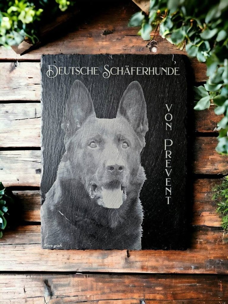 Fotogravur Deutscher Schäferhund mit Namen auf Schiefertafel