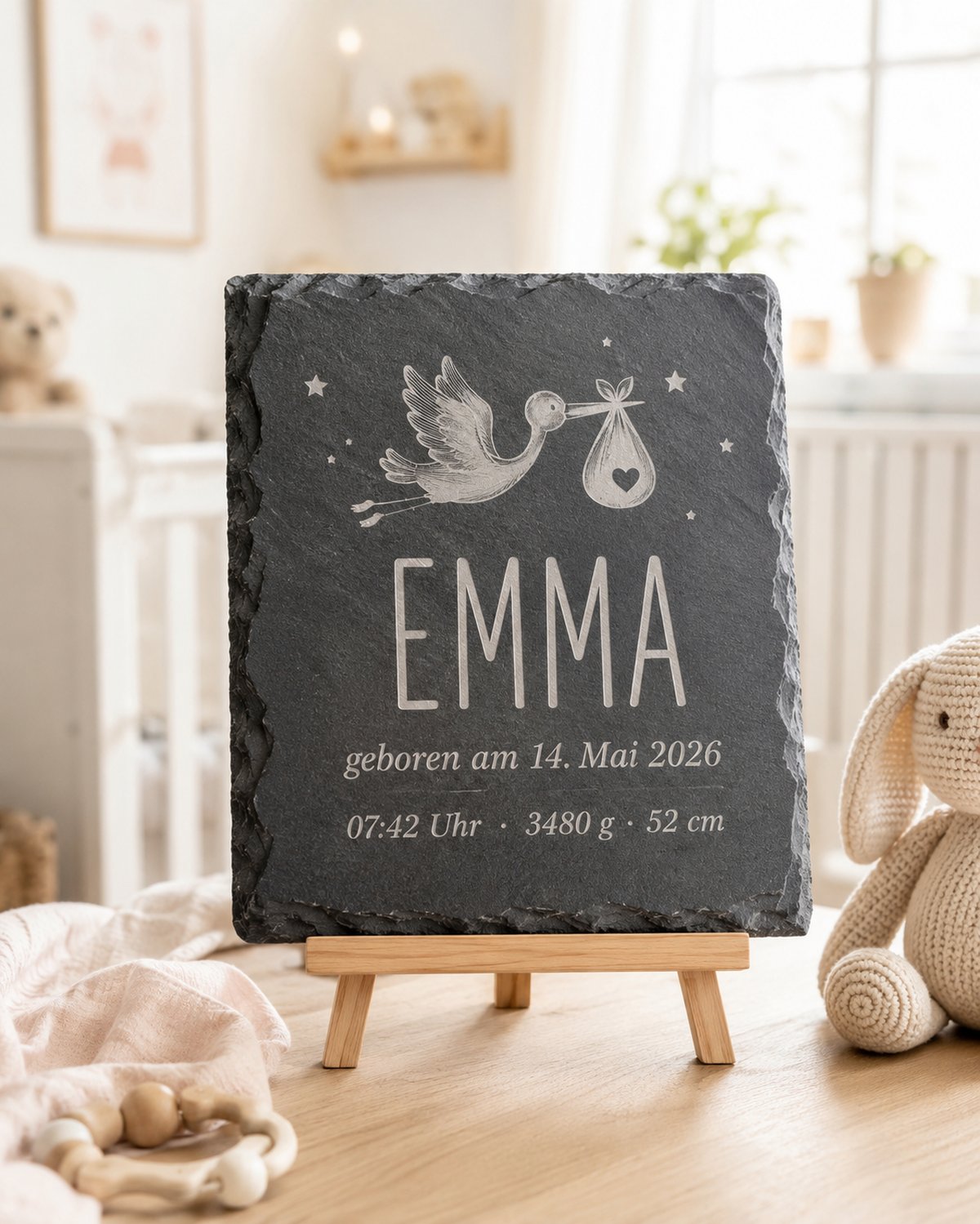 Geburtstafel aus Naturschiefer mit Name Emma und Geburtsdaten, lasergraviert