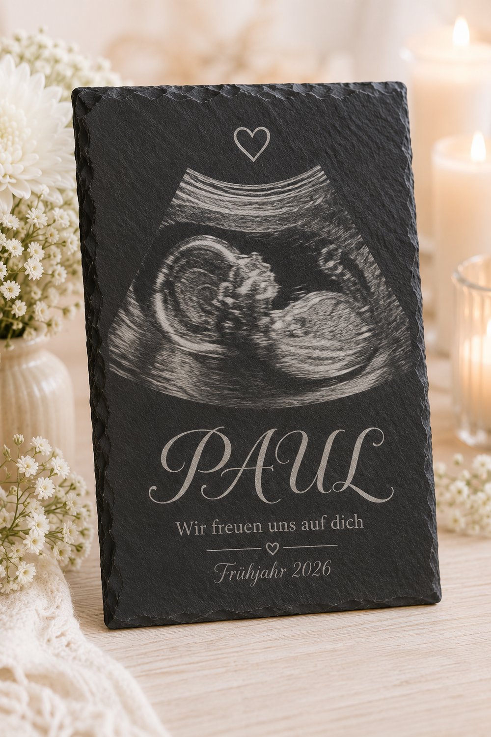 Gravierte Schiefertafel mit Ultraschallbild und Name Paul zur Geburt