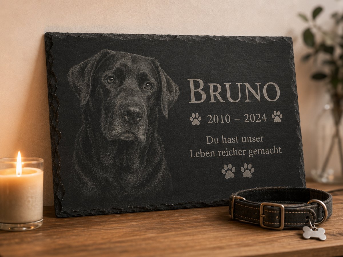 Gedenktafel 30x40 cm quer mit graviertem Hundeporträt und Pfotenabdrücken