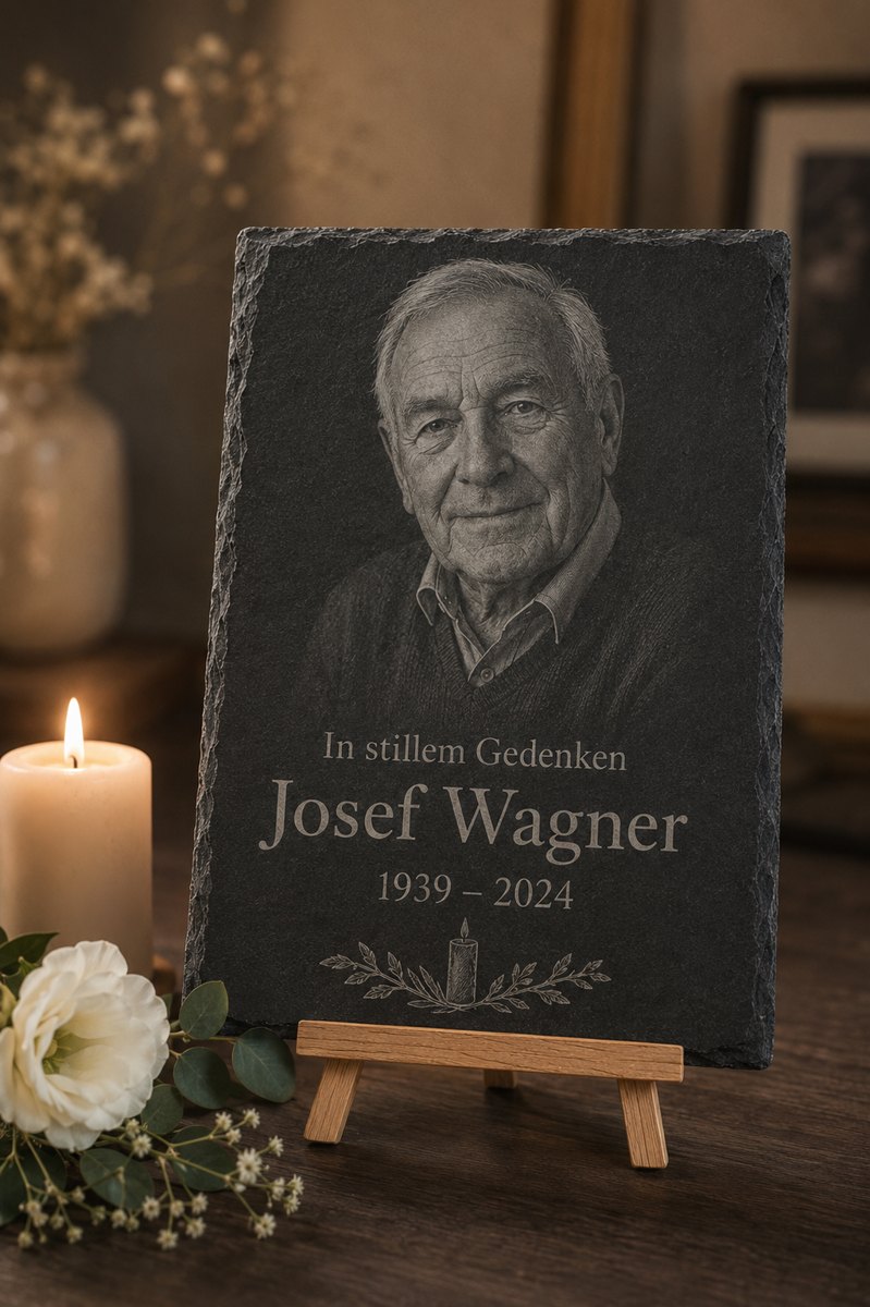 Gedenktafel 20x30 cm hoch mit Porträtgravur und Spruch In stillem Gedenken