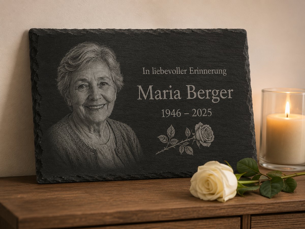 Gedenktafel 30x40 cm quer mit Porträtgravur, Name und Lebensdaten