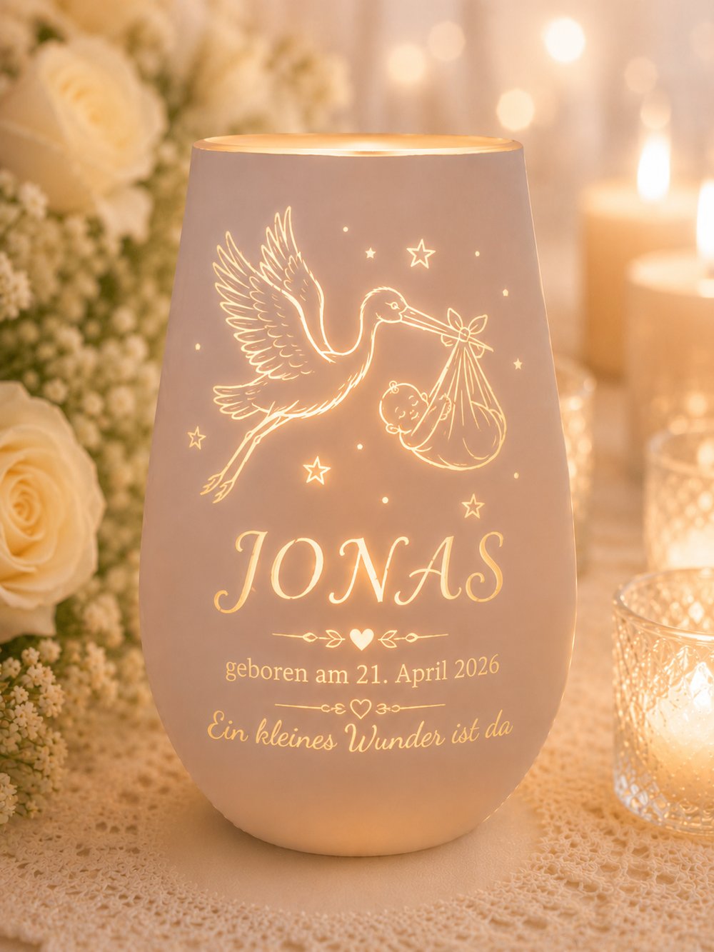 Geburts-Windlicht aus Kristallglas mit Storch und Name Jonas