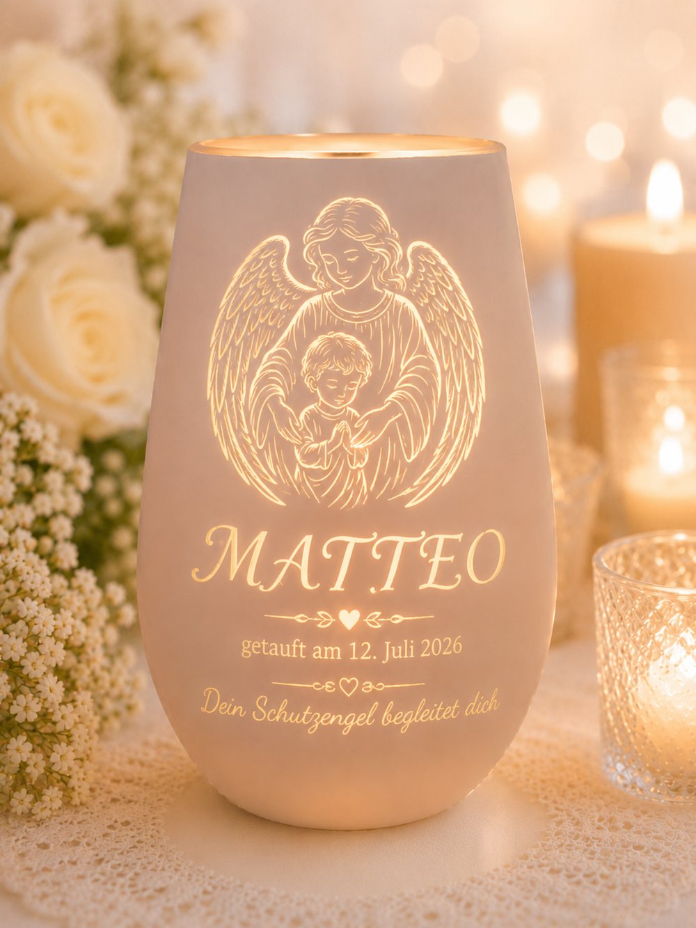 Tauf-Windlicht aus Kristallglas mit Schutzengel-Motiv und Name Matteo