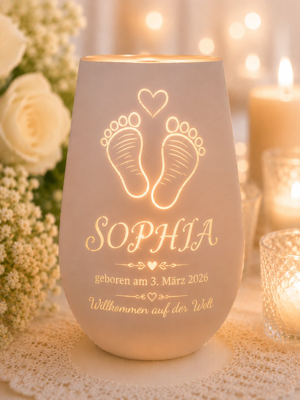 Geburts-Windlicht aus Kristallglas mit Babyfüßchen, Herz und Name Sophia