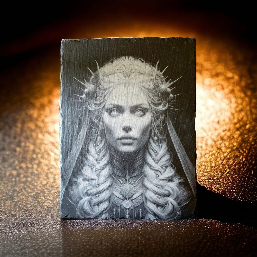 Schieferplatte mit Freyja-Motiv, lasergraviert