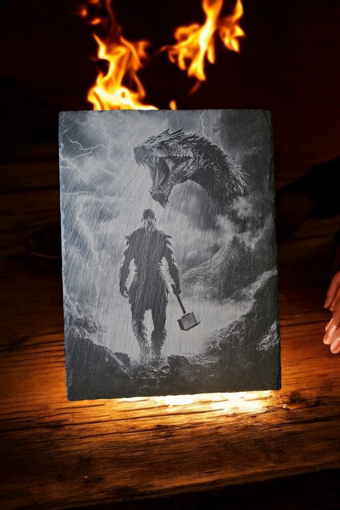 Lasergravierte Schieferplatte Thor gegen Jörmungandr von Glanz & Gravur